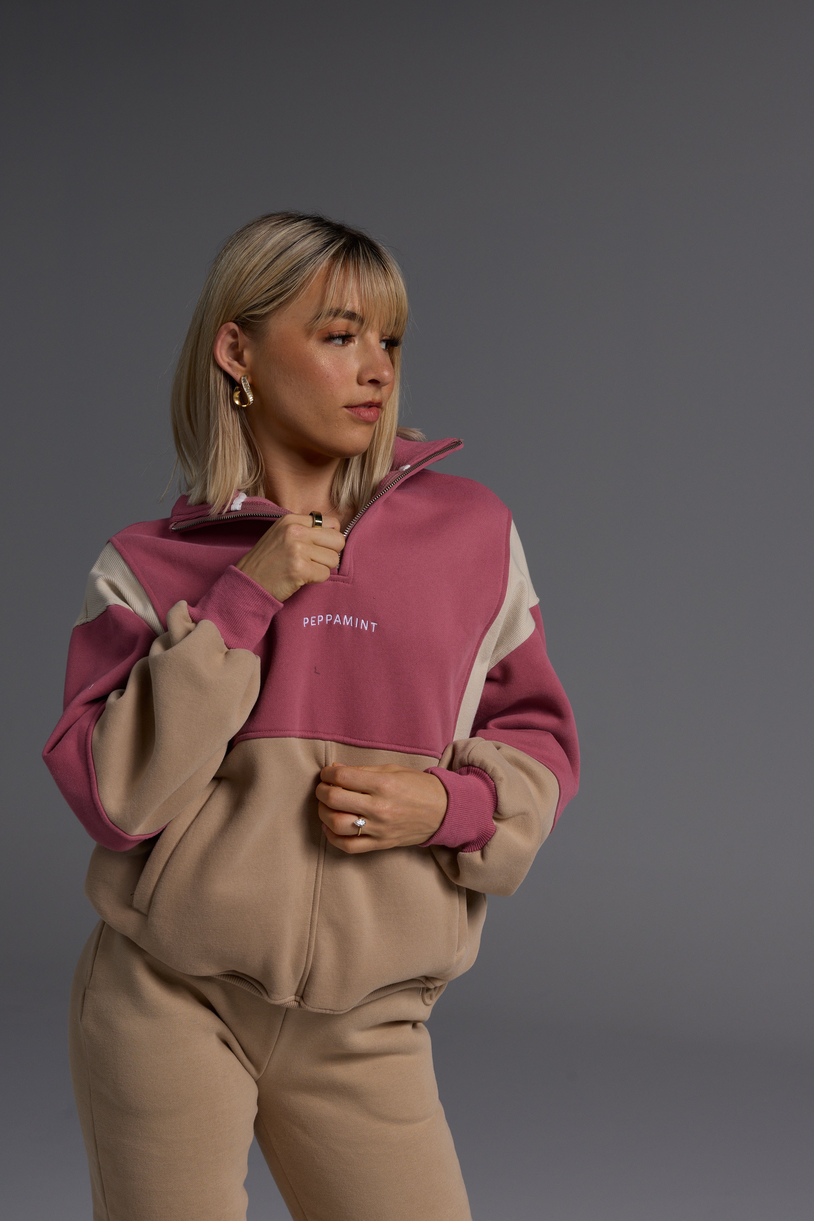 Colour Block Button Fleece - Rose/Desert/Cream Size XS