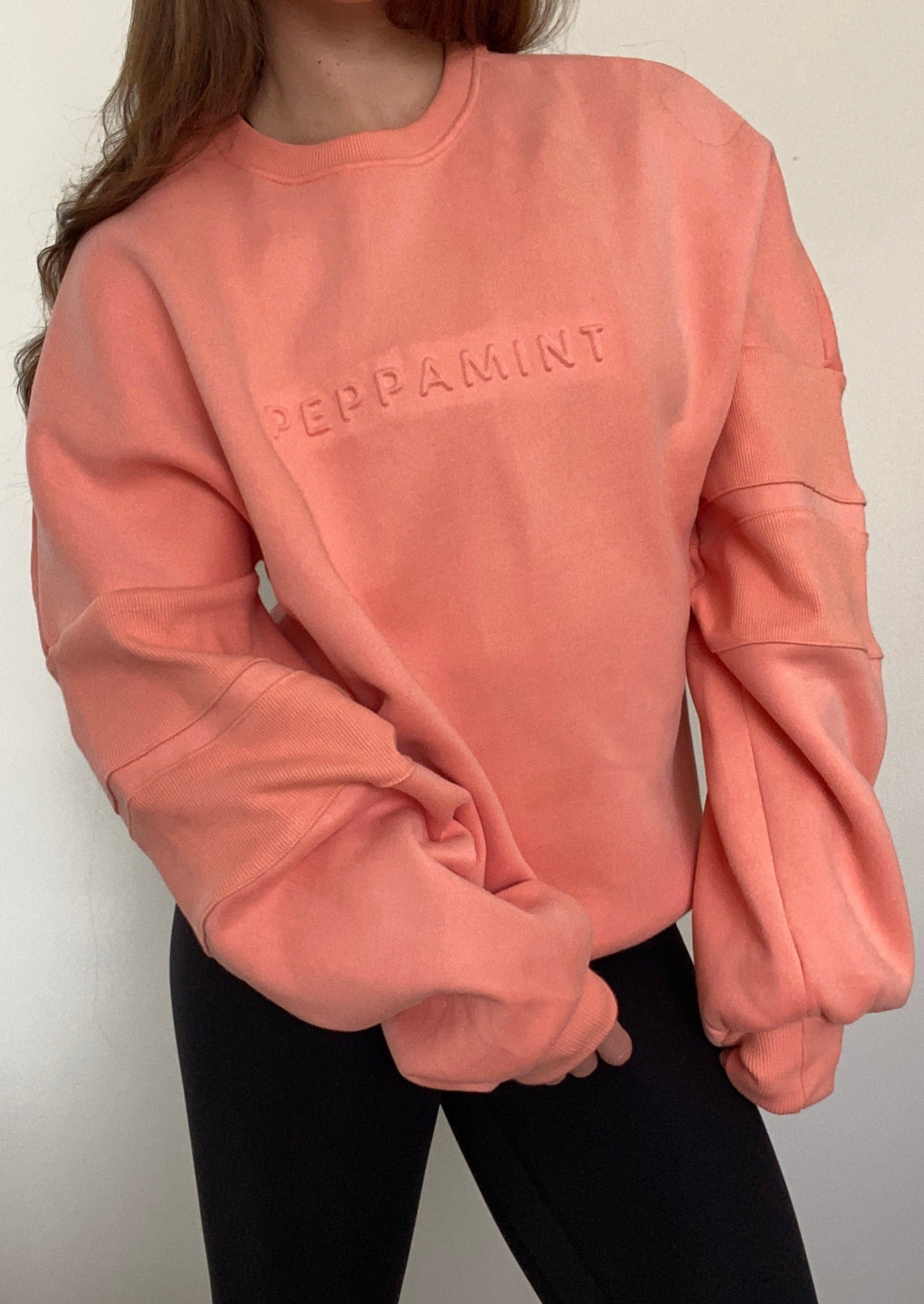 crew neck fleece lined jumper in coral with ribbed panel sleeves and embossed chest logo