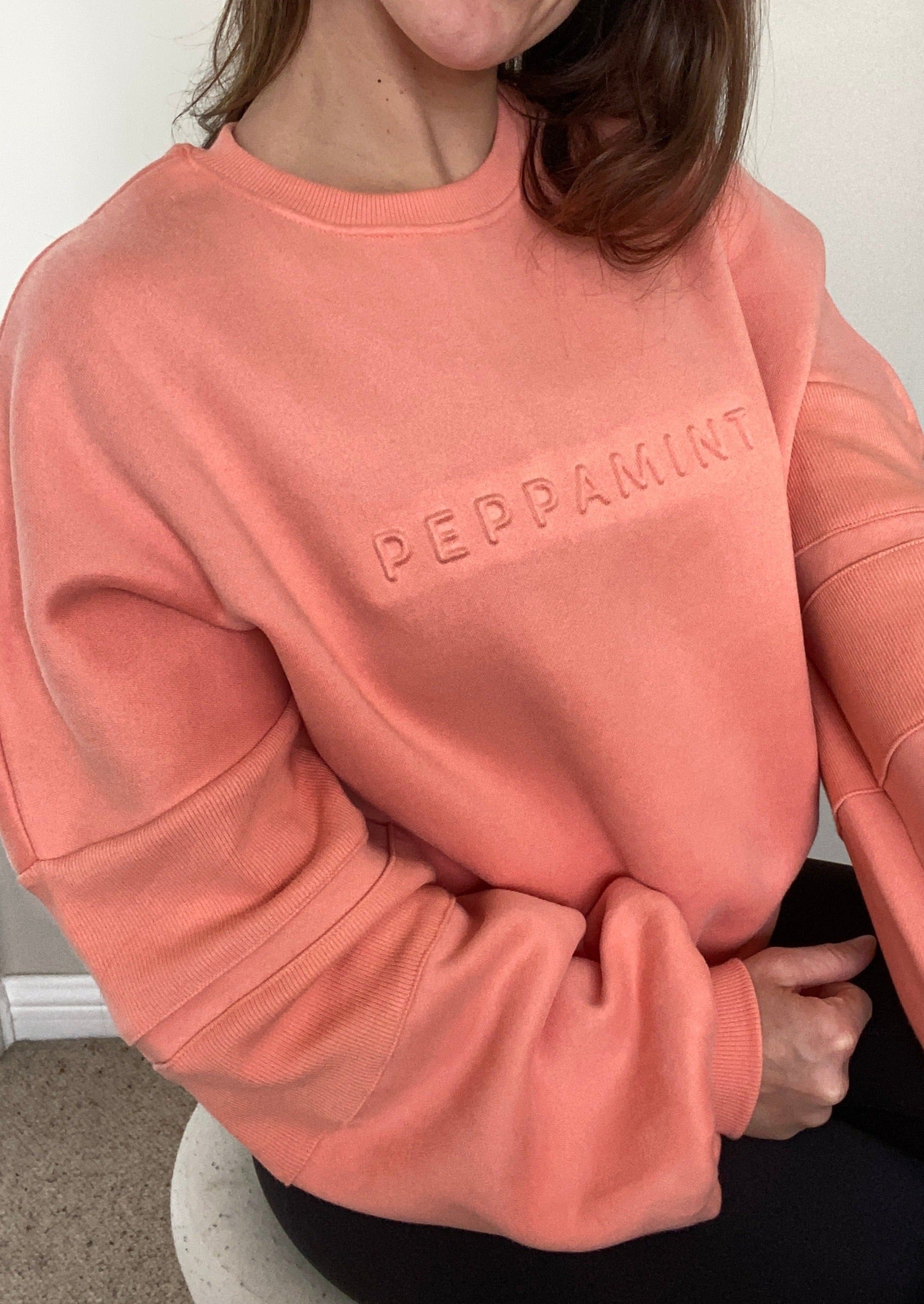 crew neck jumper in coral with embossed chest logo and ribbed panels on sleeves