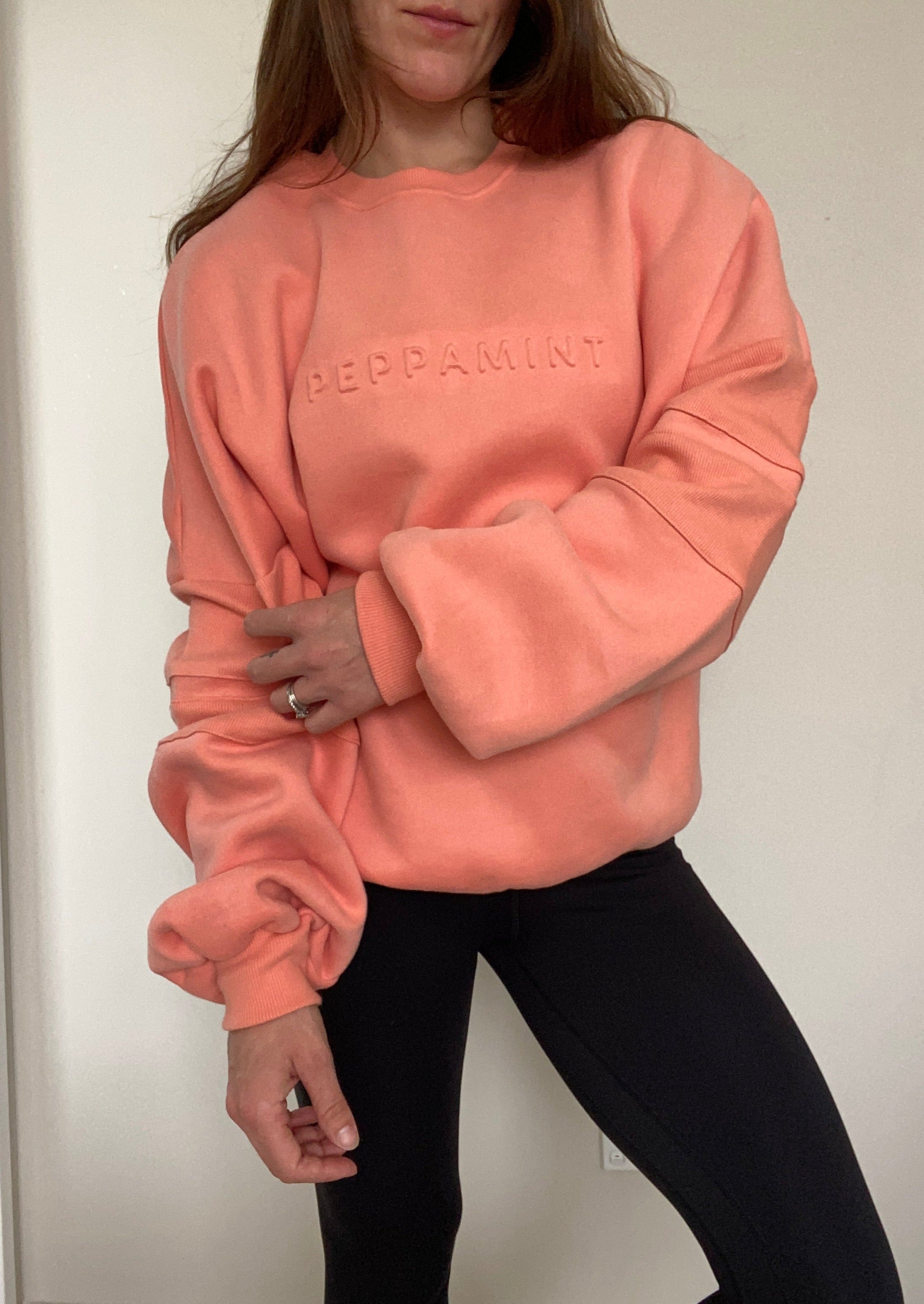 crew neck jumper in coral with embossed chest logo and ribbed panels on sleeves