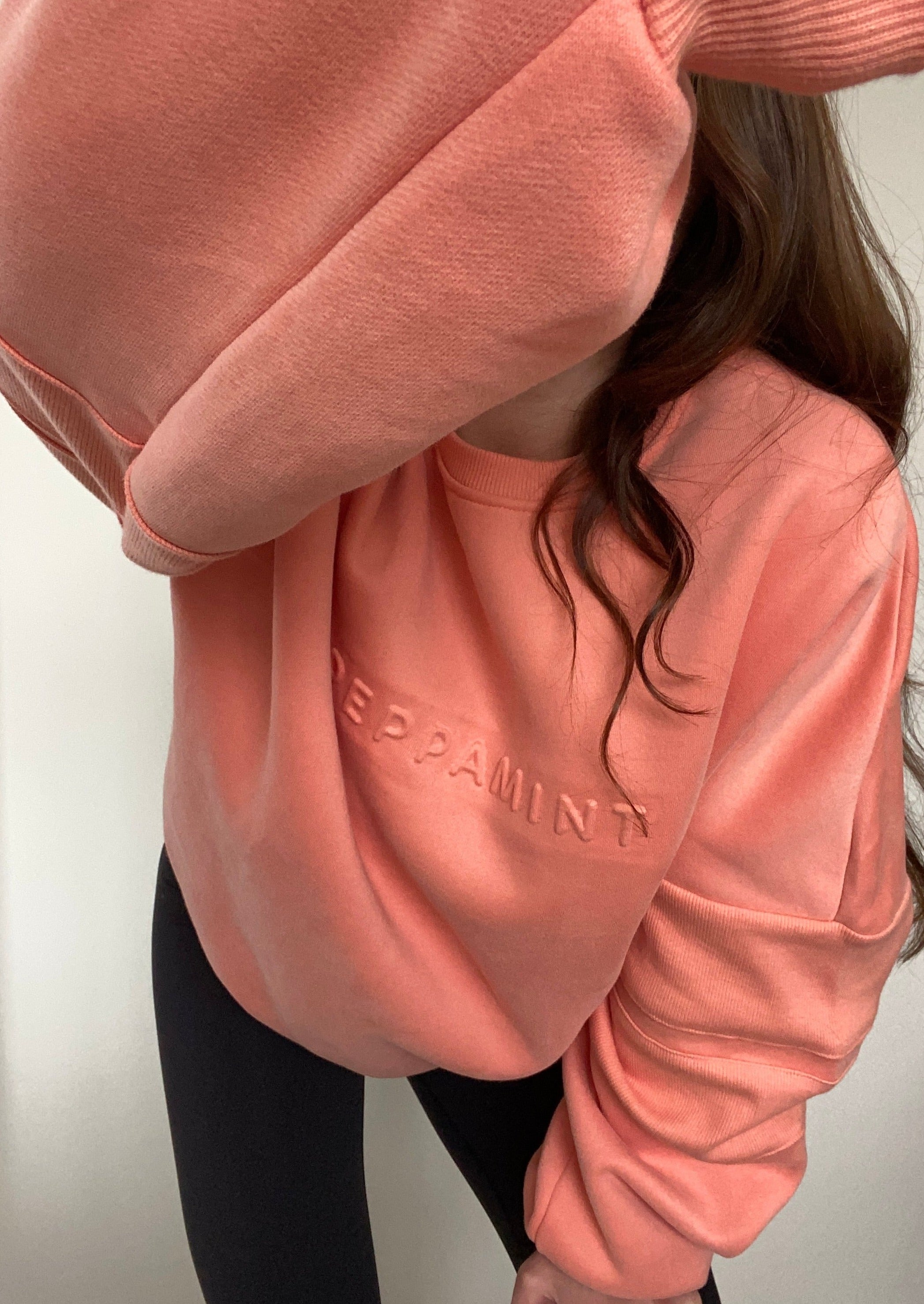 crew neck jumper in coral with embossed chest logo and ribbed panels on sleeves