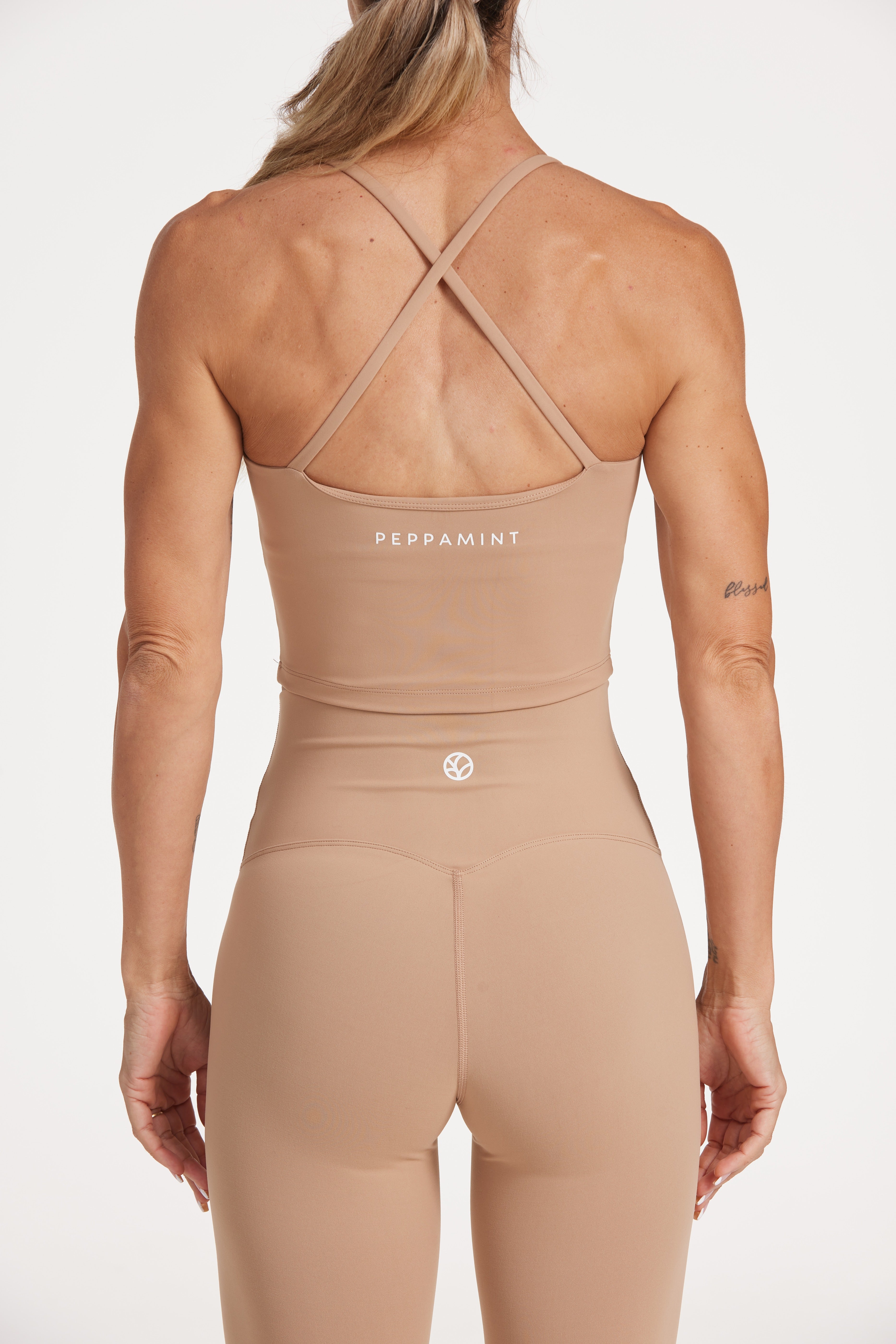 high waisted buttery soft, supportive activewear tights in light taupe colour