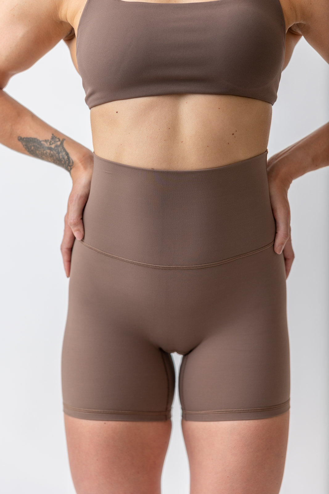 buttery soft lightweight short shorts with high extra waistband in chocolate brown