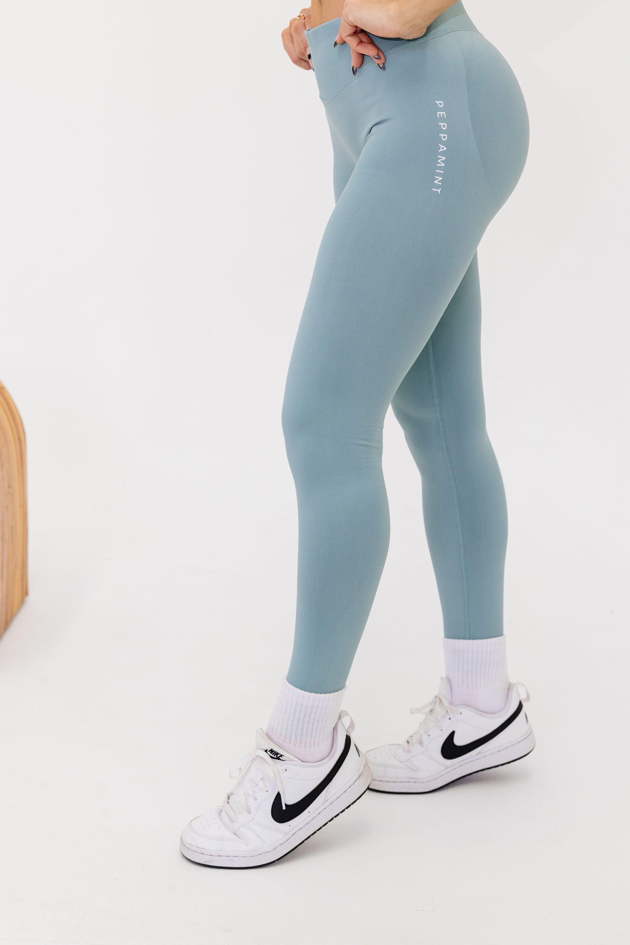 seamless gym tights with booty contouring effect, sweetheart butt seams and thick supportive fabric in sage green