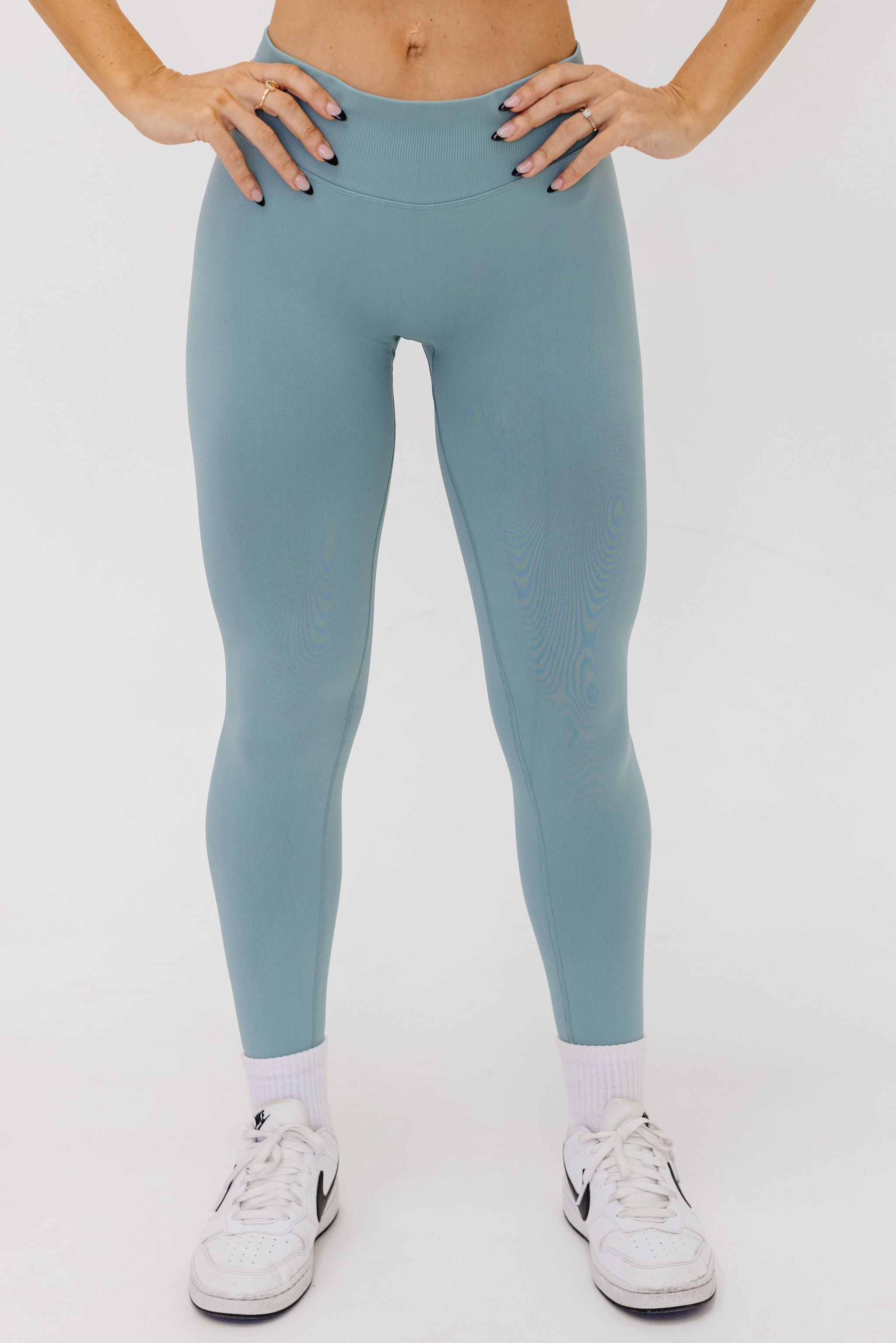 seamless gym tights with booty contouring effect, sweetheart butt seams and thick supportive fabric in sage green