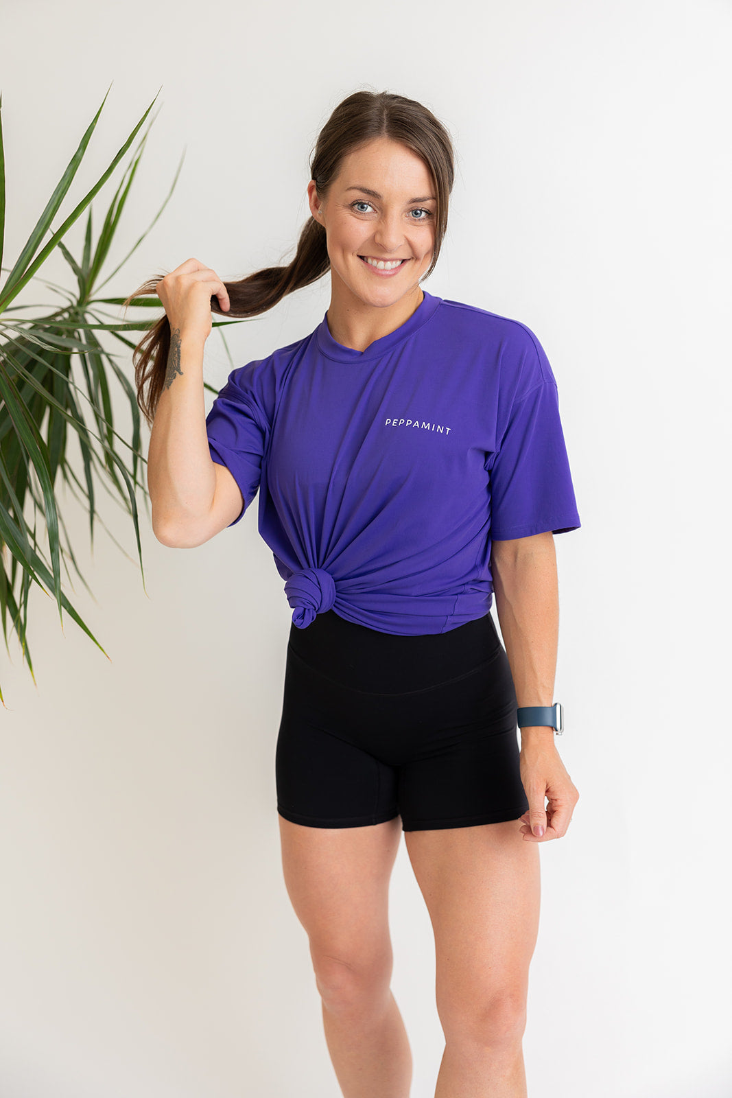 buttery soft oversize t shirt in purple blue colour with white left chest peppamint logo