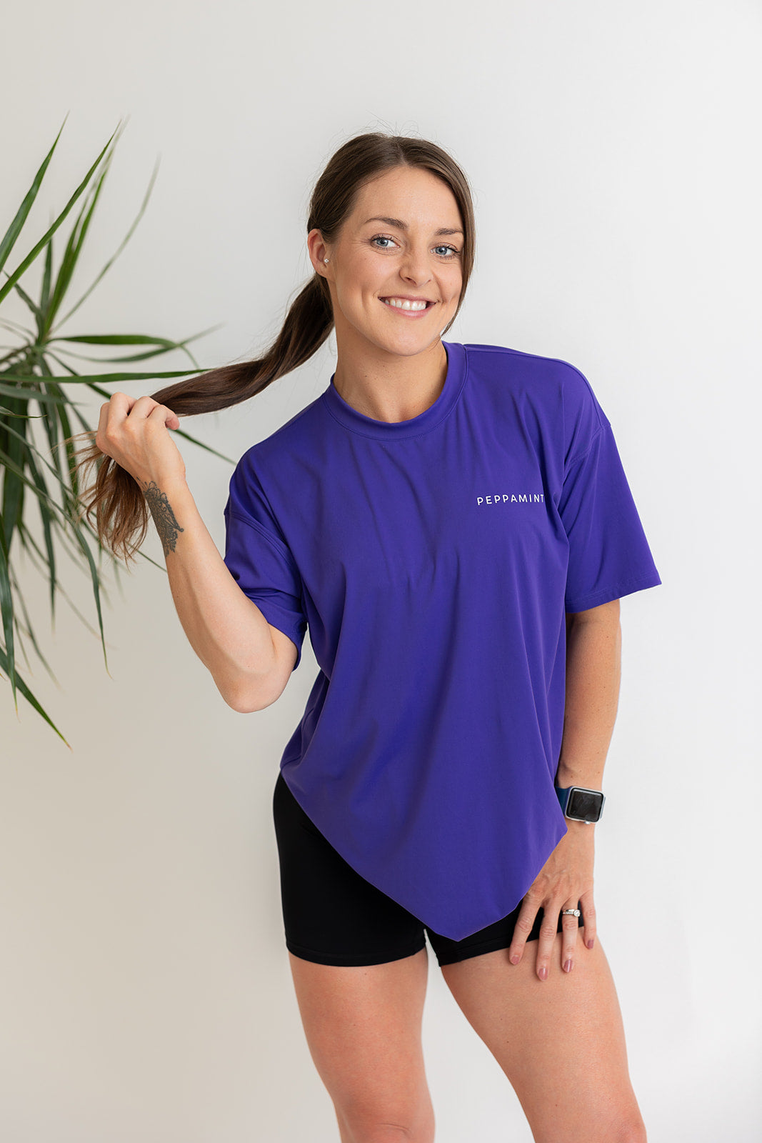 buttery soft oversize t shirt in purple blue colour with white left chest peppamint logo
