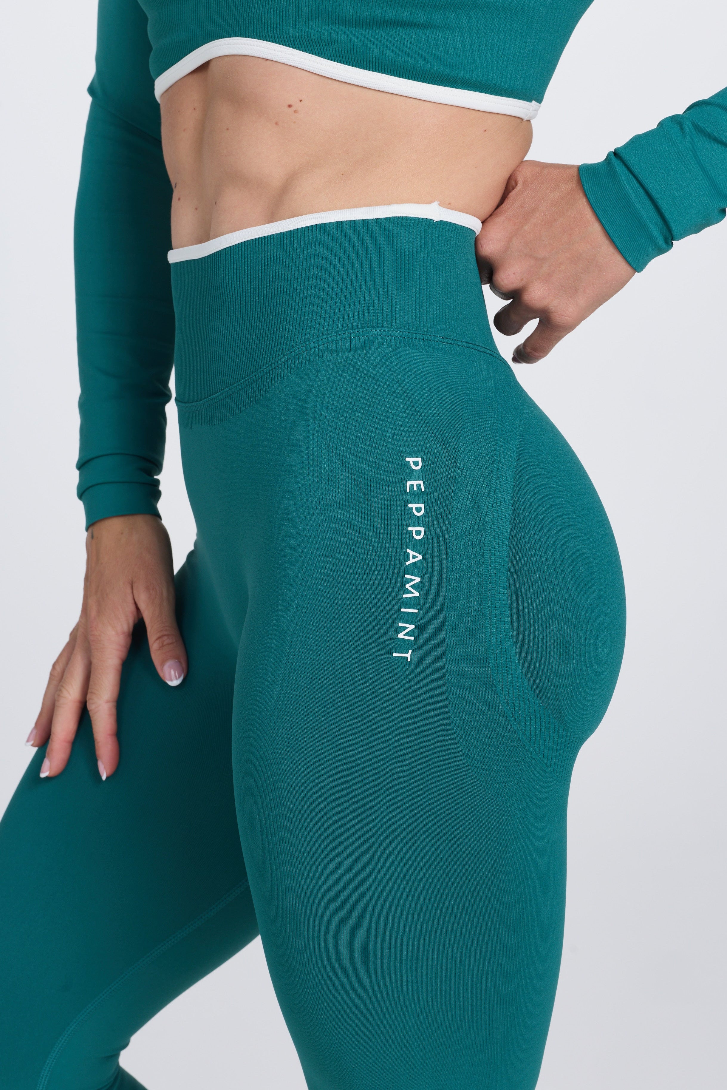 High waisted seamless gym tights, with textured booty sculpting panels, and a luxe white trim, in teal colour.