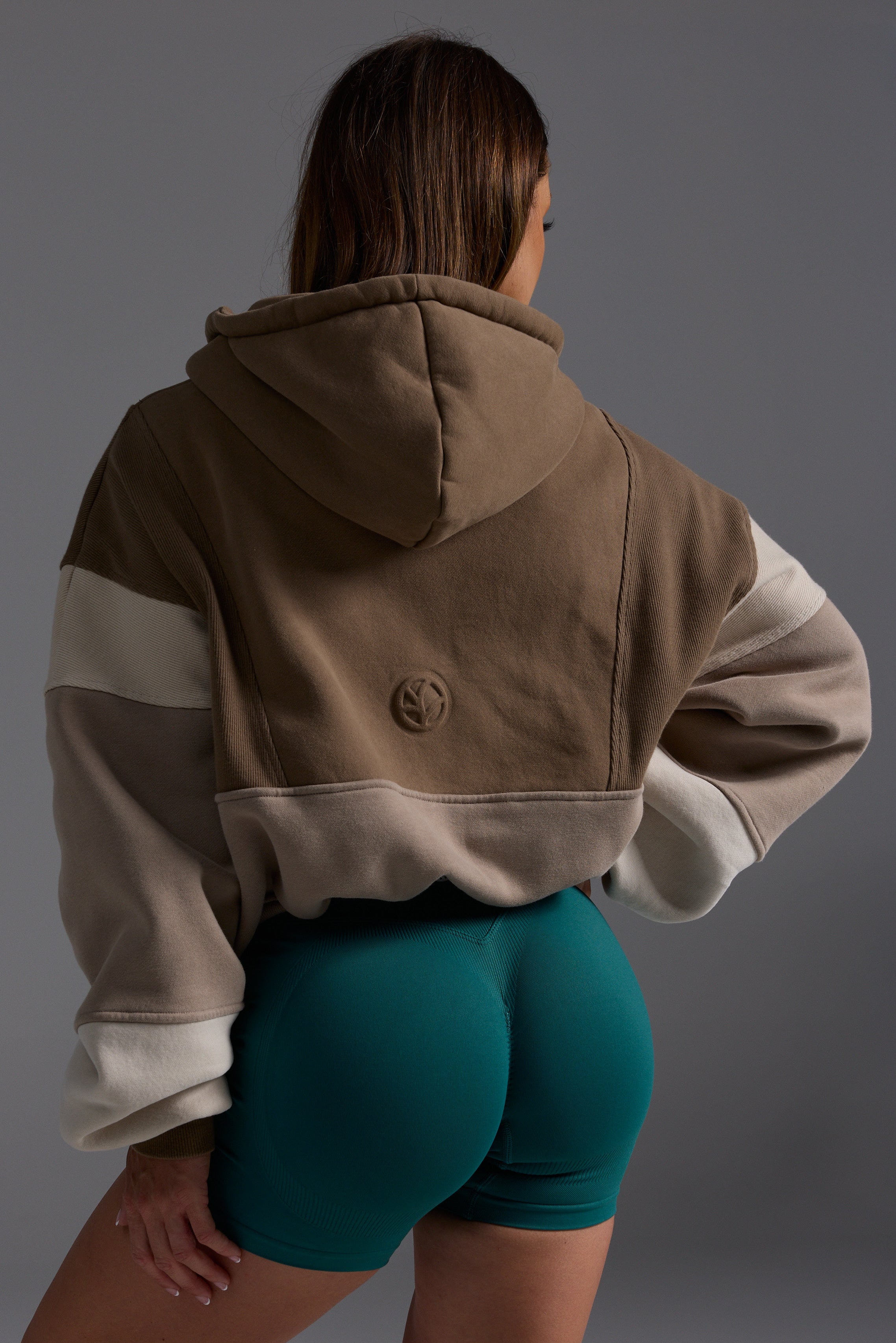 Hip length, full zip hoodie, with ribbed panels, embossed sleeve logo, in a slouchy oversize fit, with 2 convenient zip pockets, in mocha, stone and beige