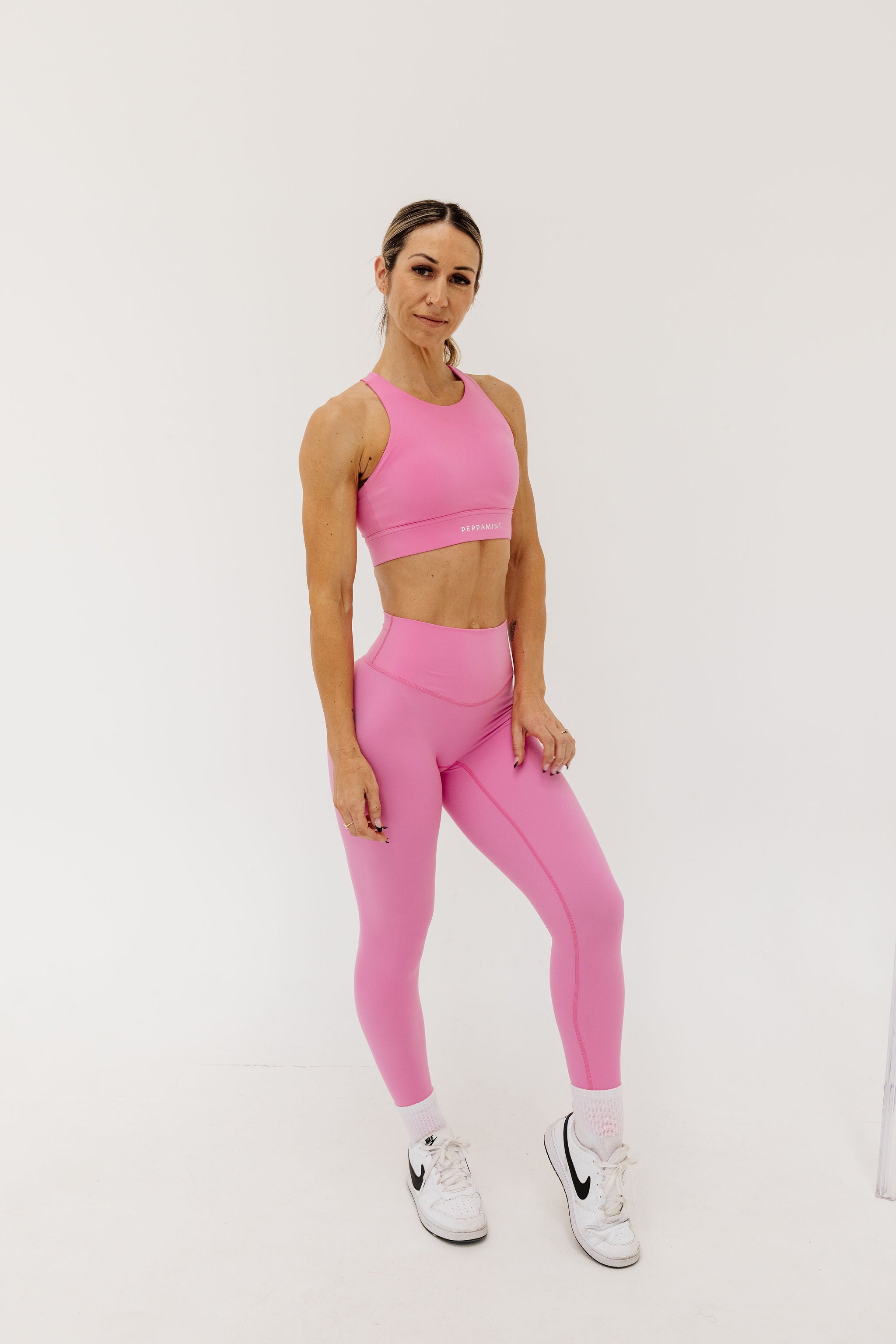 buttery soft tights with seamless front rise in baby pink with soft v shape front rise
