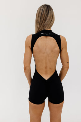 High neck open back bodysuit in buttery soft fabric with scrunch butt effect in black