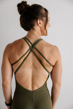 Load image into Gallery viewer, army green bodysuit with cross back straps, low back and sweetheart bum seams
