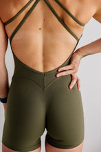 Load image into Gallery viewer, army green bodysuit with cross back straps, low back and sweetheart bum seams
