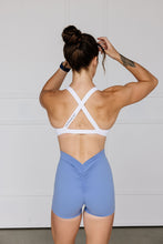 Load image into Gallery viewer, buttery soft shorts with sexy v scruch back detail, high waisted with no front seam in powder blue
