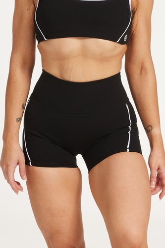 womens high waisted shorts with white trim details, no front rise seam in a buttery soft, in black fabric