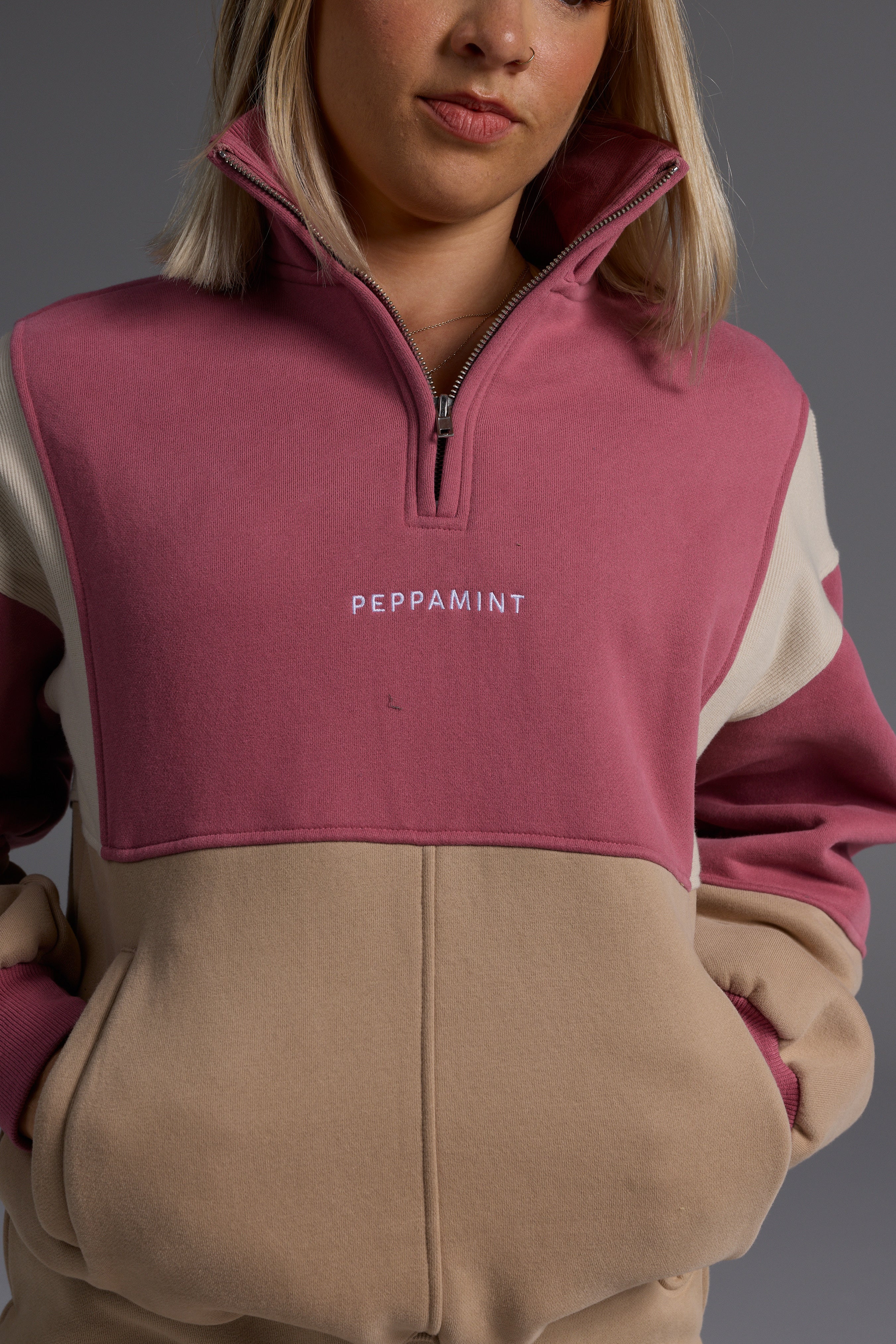 Colour Block Button Fleece - Rose/Desert/Cream Size XS
