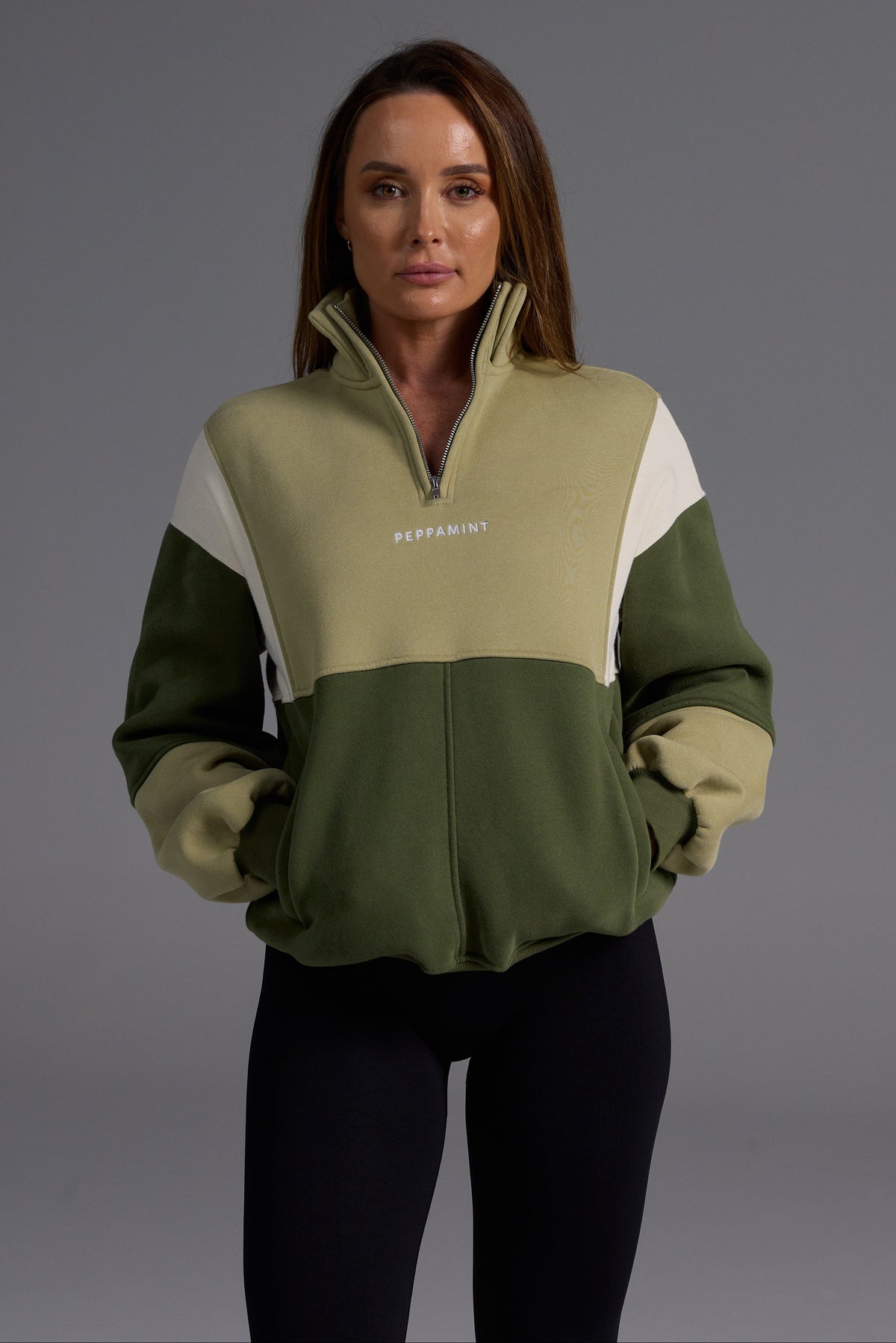 Colour Block Button Fleece - Forest Green/Pistachio/Cream
