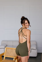 Load image into Gallery viewer, army green bodysuit with cross back straps, low back and sweetheart bum seams
