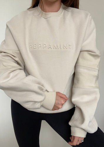 crew neck jumper in beige with embossed chest logo and ribbed panels on sleeves