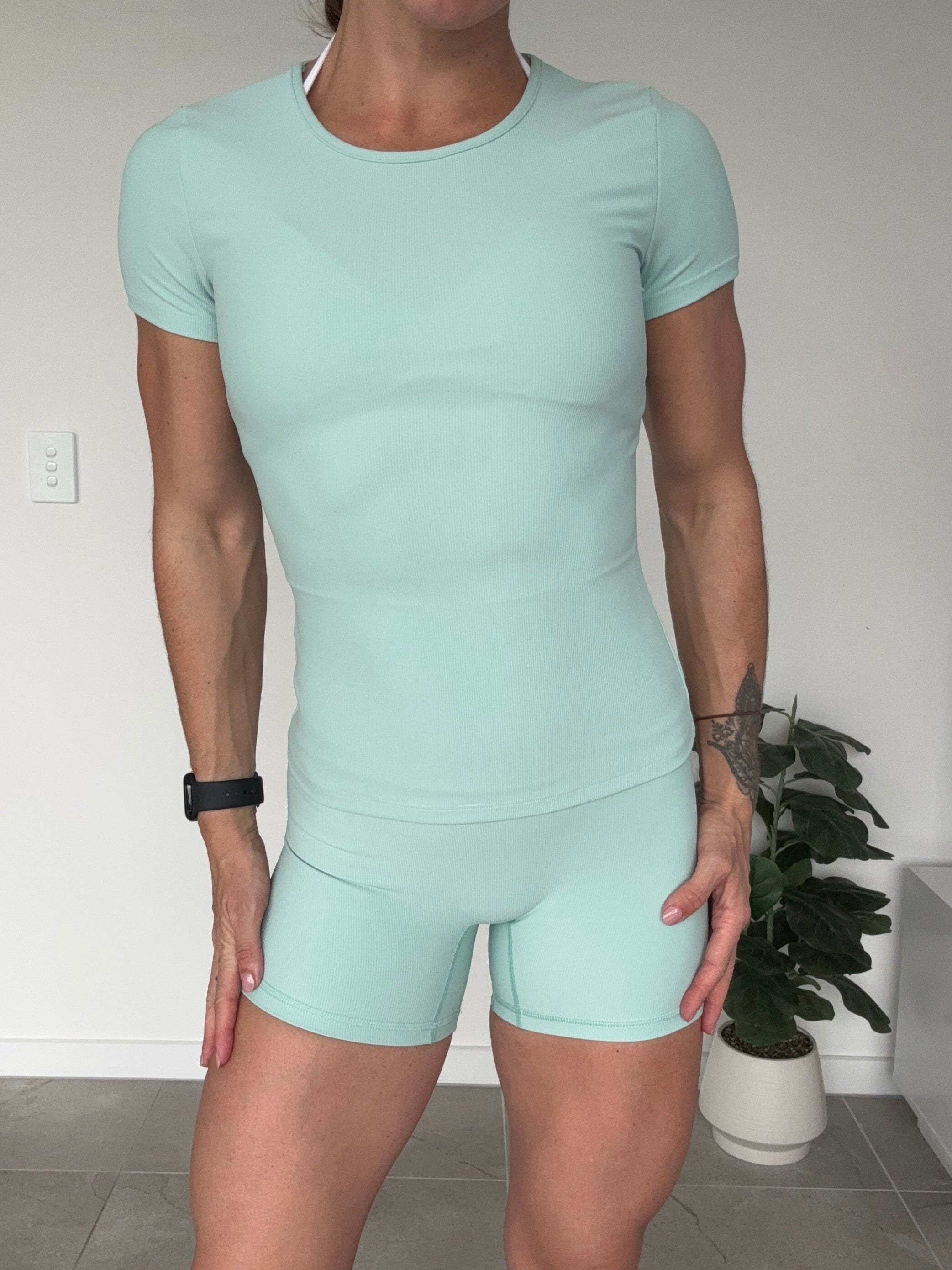 Ribbed T & Shorts Set - Green - Size XS/S