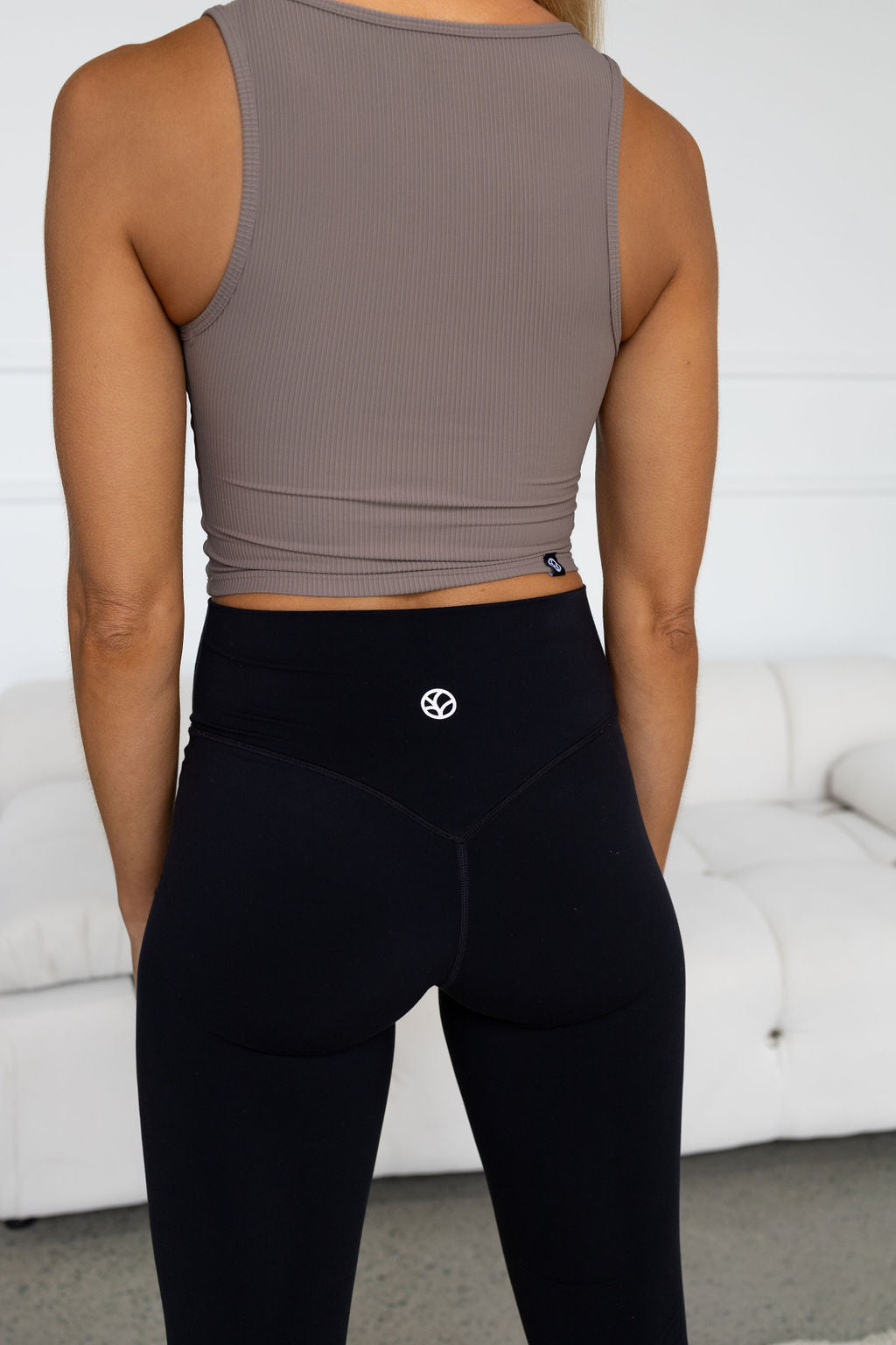 ribbed crop tank top in mocha with scooped neck design with a subtle v neck feature