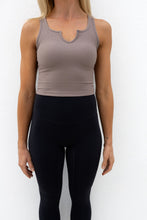 Load image into Gallery viewer, ribbed crop tank top in mocha with scooped neck design with a subtle v neck feature
