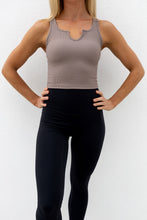 Load image into Gallery viewer, ribbed crop tank top in mocha with scooped neck design with a subtle v neck feature
