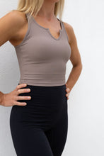 Load image into Gallery viewer, ribbed crop tank top in mocha with scooped neck design with a subtle v neck feature
