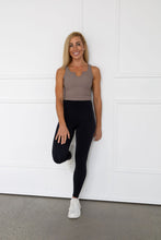 Load image into Gallery viewer, ribbed crop tank top in mocha with scooped neck design with a subtle v neck feature
