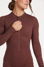 Load image into Gallery viewer, Chocolate brown long sleeve bodysuit with open back detail, scrunch bum in short leg length
