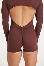 Load image into Gallery viewer, Chocoolate brown long sleeve bodysuit with open back detail, scrunch bum in short leg length
