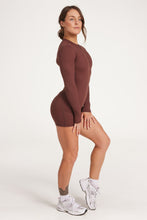 Load image into Gallery viewer, Chocolate brown long sleeve bodysuit with open back detail, scrunch bum in short leg length

