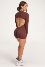 Load image into Gallery viewer, Chocolate brown long sleeve bodysuit with open back detail, scrunch bum in short leg length
