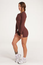 Load image into Gallery viewer, Chocolate brown long sleeve bodysuit with open back detail, scrunch bum in short leg length
