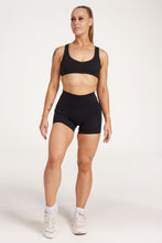 Load image into Gallery viewer, high waisted 4&quot; inseam activewear shorts with 2 pockets, no front rise seam, in a buttery soft, supportive fabric with scoop bra
