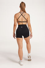 Load image into Gallery viewer, high waisted 4&quot; inseam activewear shorts with 2 pockets, no front rise seam, in a buttery soft, supportive fabric with twist bra and cross back straps
