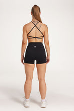 Load image into Gallery viewer, high waisted 4&quot; inseam activewear shorts with 2 pockets, no front rise seam, in a buttery soft, supportive fabric with twist bra and cross back straps
