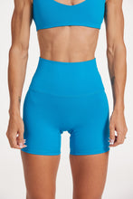 Load image into Gallery viewer, high waisted gym shorts, in buttery soft, supportive fabric with 6 inch inseam and no front rise seam, in blue coral
