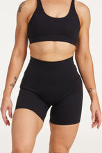 Load image into Gallery viewer, high waisted gym shorts, in buttery soft, supportive fabric with 6 inch inseam and no front rise seam, in black
