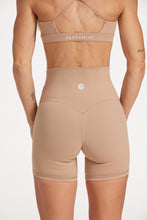 Load image into Gallery viewer, high waisted gym shorts, in buttery soft, supportive fabric with 6 inch inseam and no front rise seam, in a light taupe colour
