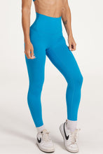 Load image into Gallery viewer, high waisted buttery soft, supportive activewear tights, with no front rise seam in blue coral
