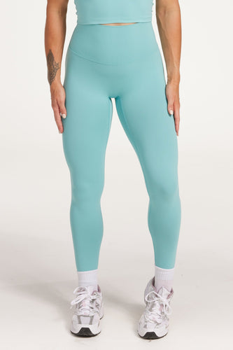 high waisted buttery soft, supportive activewear tights in lagoon green colour