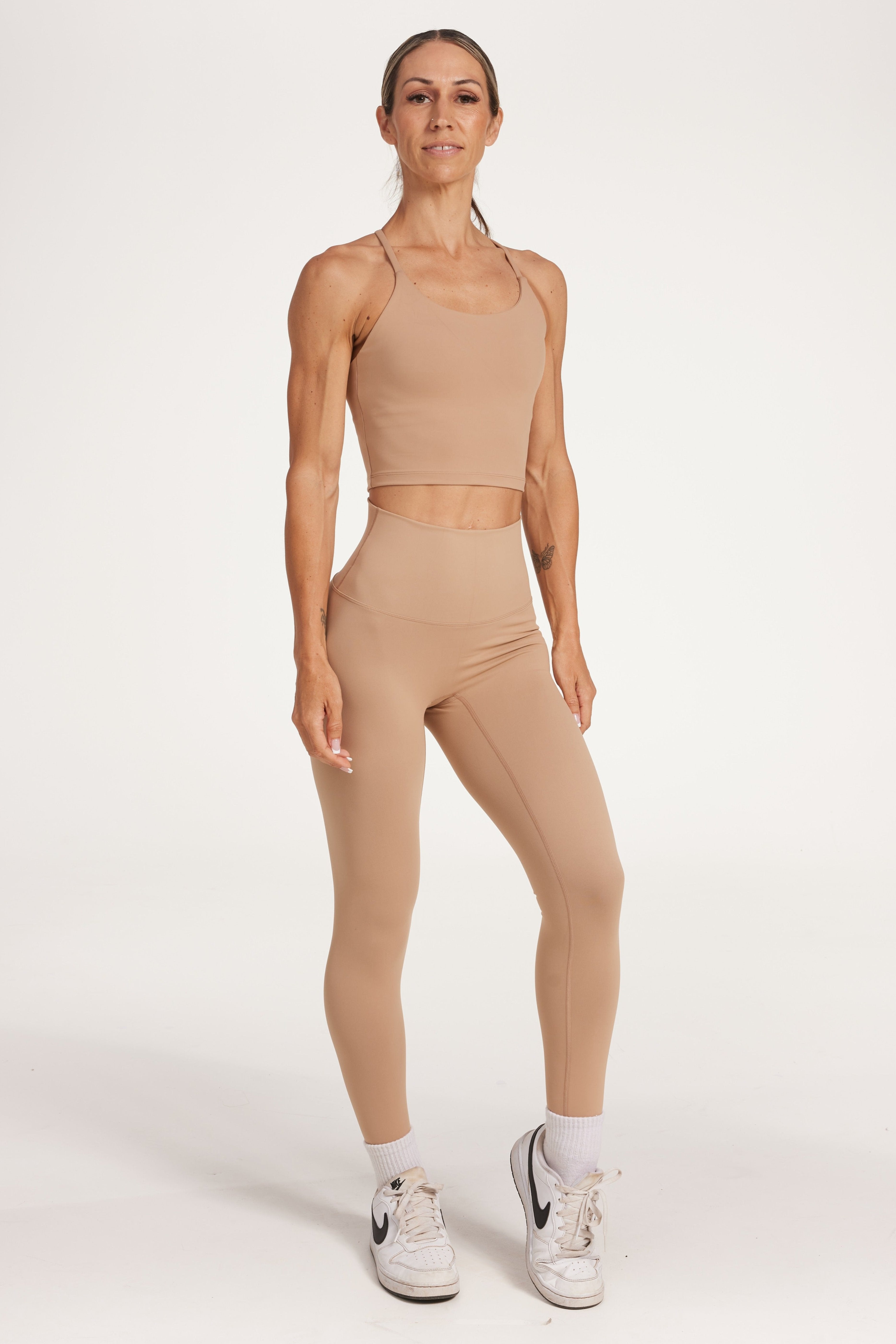high waisted buttery soft, supportive activewear tights in light taupe colour