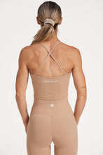 Load image into Gallery viewer, high waisted buttery soft, supportive activewear tights and crop singlet with built in shelf bra in a light taupe colour
