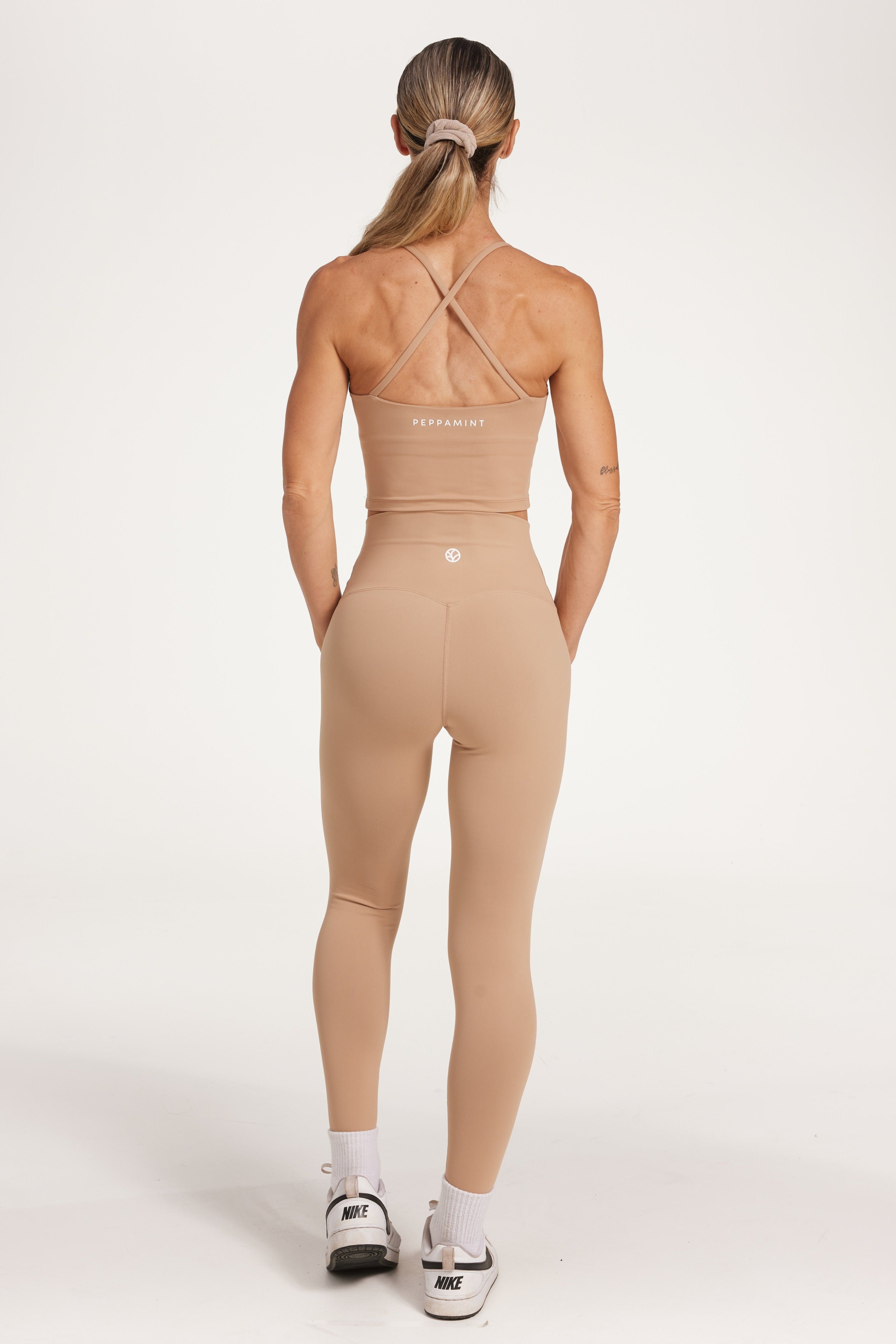 high waisted buttery soft, supportive activewear tights in light taupe colour