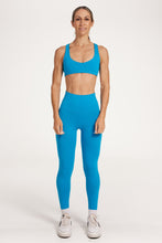 Load image into Gallery viewer, high waisted buttery soft, supportive activewear tights, with no front rise seam in blue coral
