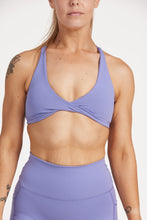 Load image into Gallery viewer, twist front bra with cross over back straps in a buttery soft lavender fabric
