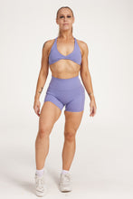 Load image into Gallery viewer, twist front bra with cross over back straps in a buttery soft lavender fabric
