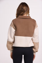 Load image into Gallery viewer, 1/4 button up fleece jumper with earthy colour panels in chocolate and beige, with feature panels ribbed stretchy fabric inserts, and two convenient zip pockets.
