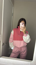Load image into Gallery viewer, 1/4 zip fleece jumper with double collar, in peony pink/white and baby pink colour panels, with feature panels ribbed stretchy fabric inserts, and two convenient zip pockets.
